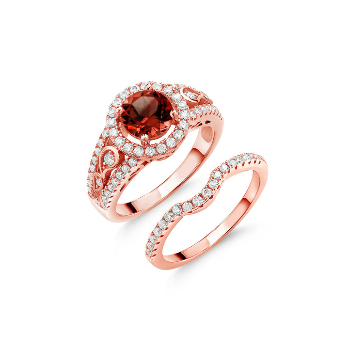 18K Rose Gold Plated Silver Red Garnet and White Moissanite Wedding Engagement Ring Band Bridal Set Ring For Women (1.94 Cttw, Gemstone Birthstone, Available In Size 5, 6, 7, 8, 9)