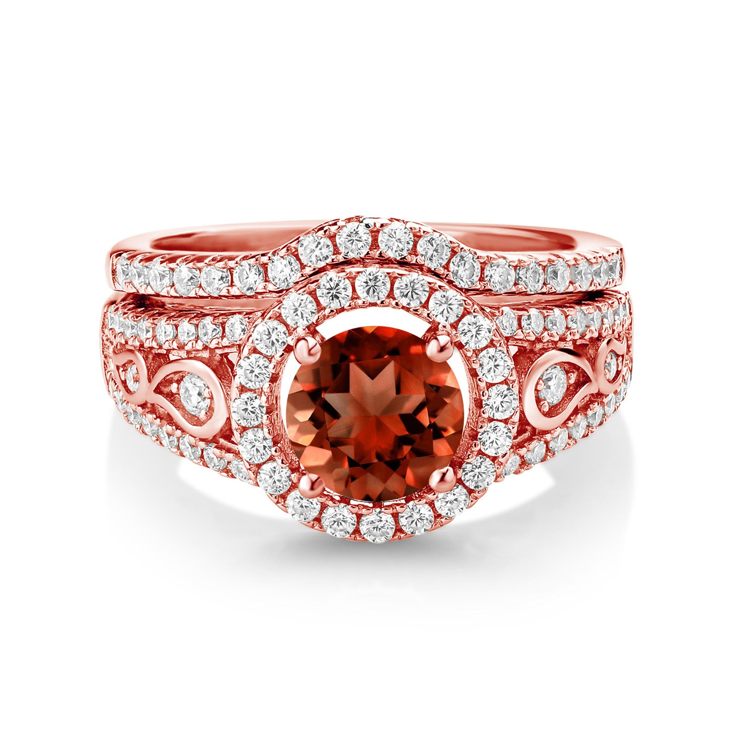 18K Rose Gold Plated Silver Red Garnet and White Moissanite Wedding Engagement Ring Band Bridal Set Ring For Women (1.94 Cttw, Gemstone Birthstone, Available In Size 5, 6, 7, 8, 9)