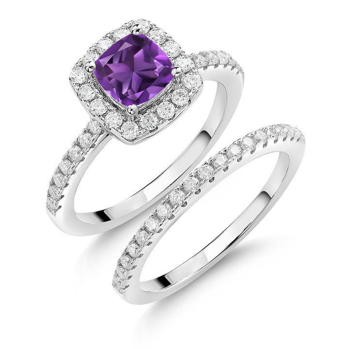 925 Sterling Silver Purple Amethyst and White Moissanite Wedding Engagement Ring Band Bridal Set For Women (1.49 Cttw, Cushion 6MM, Available In Size 5, 6, 7, 8, 9)