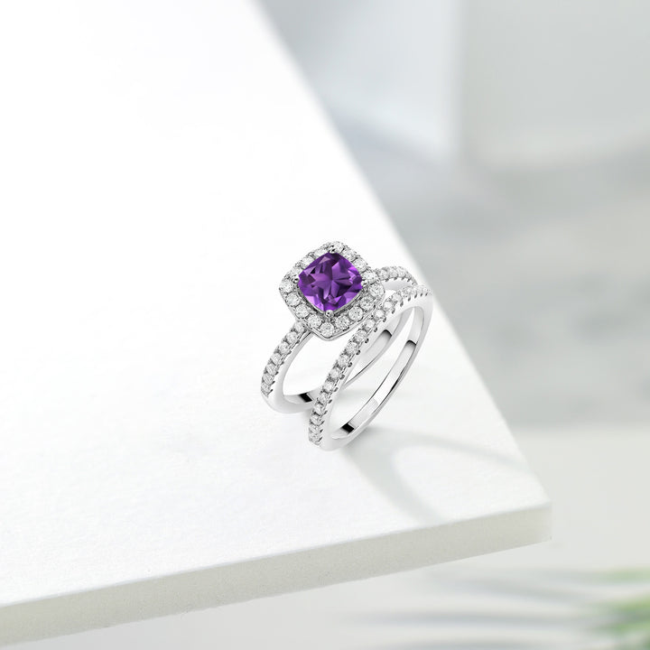 925 Sterling Silver Purple Amethyst and White Moissanite Wedding Engagement Ring Band Bridal Set For Women (1.49 Cttw, Cushion 6MM, Available In Size 5, 6, 7, 8, 9)