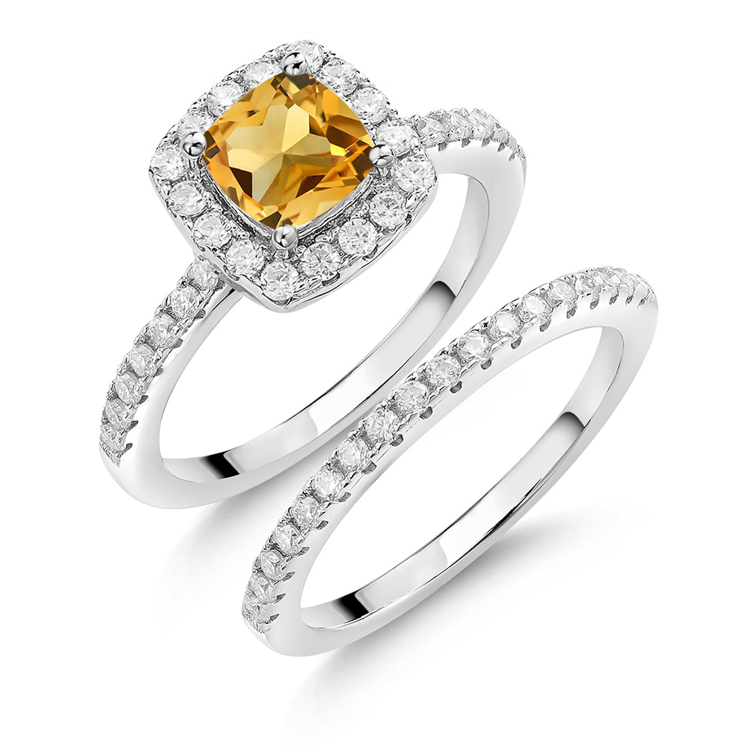 925 Sterling Silver Wedding Engagement Ring Band Bridal Cushion Yellow Citrine and Moissanite (1.45 Cttw)