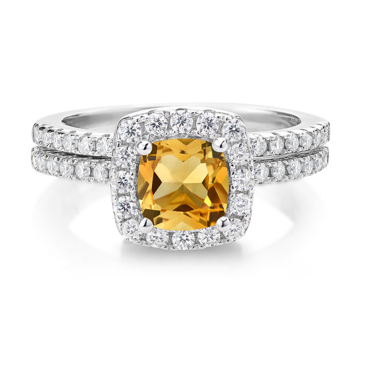 925 Sterling Silver Wedding Engagement Ring Band Bridal Cushion Yellow Citrine and Moissanite (1.45 Cttw)