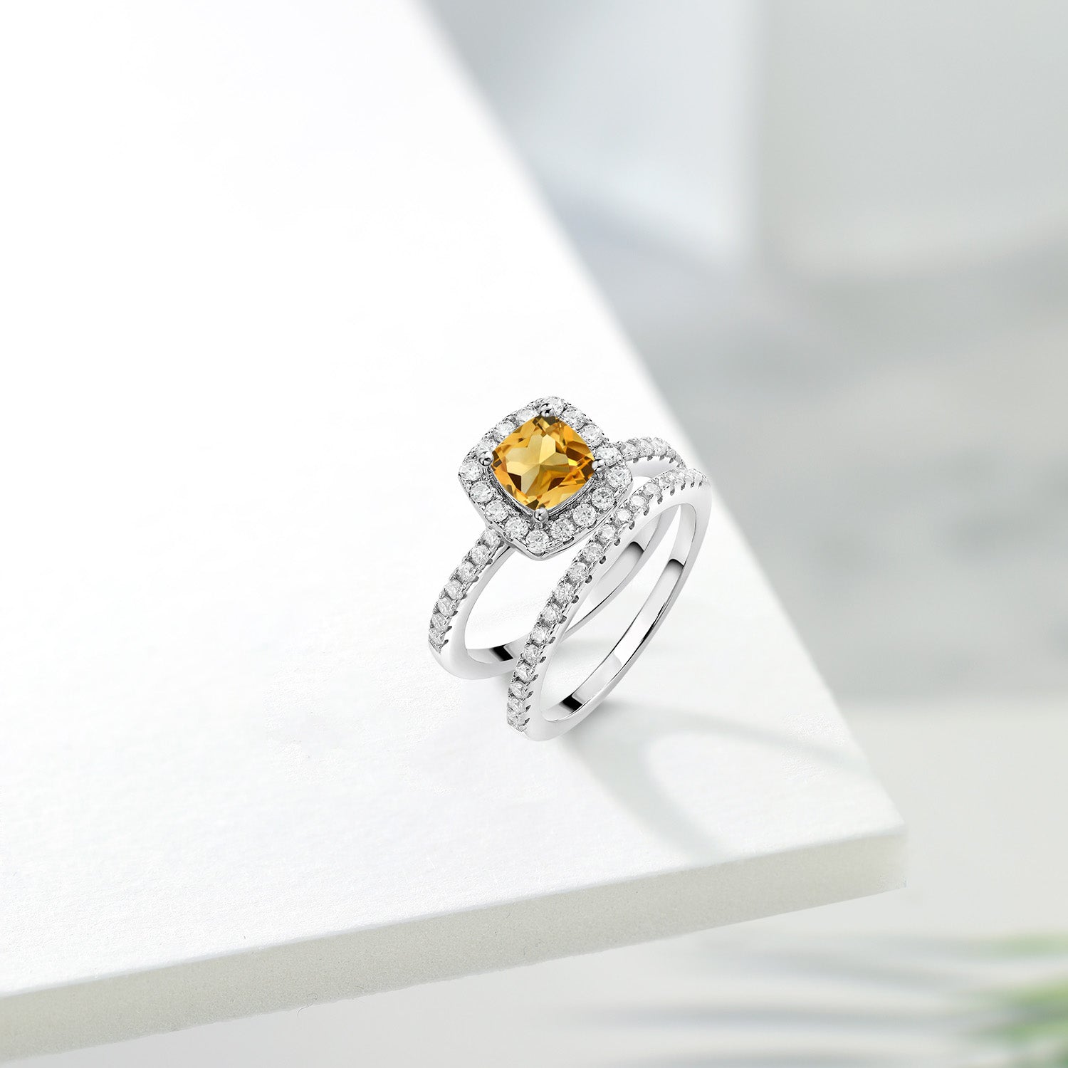 925 Sterling Silver Wedding Engagement Ring Band Bridal Cushion Yellow Citrine and Moissanite (1.45 Cttw)