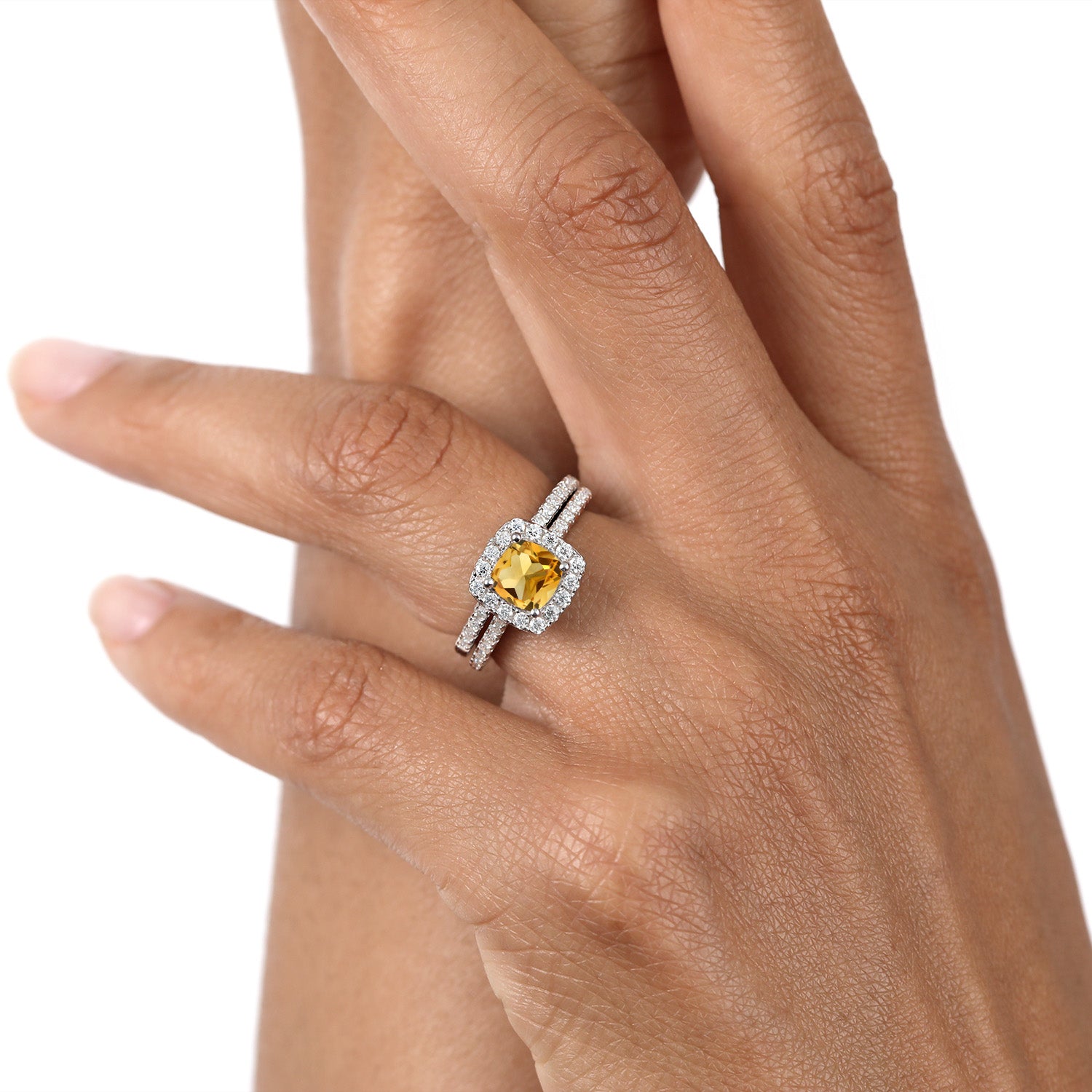 925 Sterling Silver Wedding Engagement Ring Band Bridal Cushion Yellow Citrine and Moissanite (1.45 Cttw)