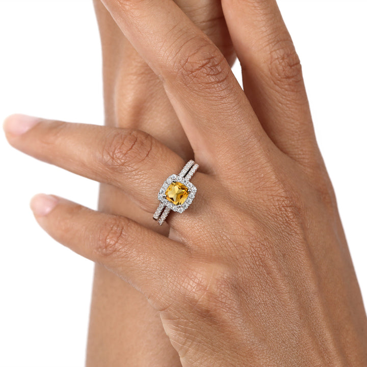 925 Sterling Silver Wedding Engagement Ring Band Bridal Cushion Yellow Citrine and Moissanite (1.45 Cttw)