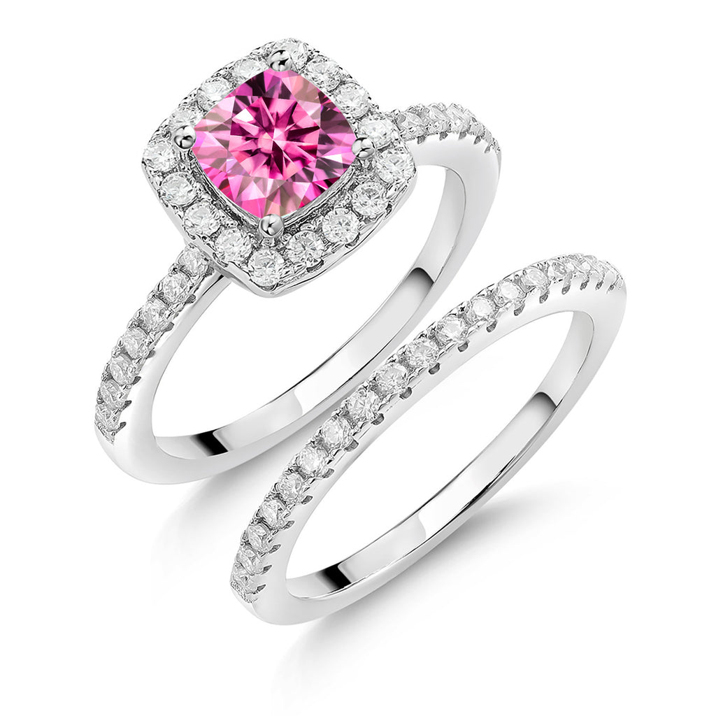 8_925 Sterling Silver Pink Moissanite and White Moissanite Engagement Ring For Women | 1.52 Cttw | Cushion 6MM | Gemstone Birthstone | Size 8