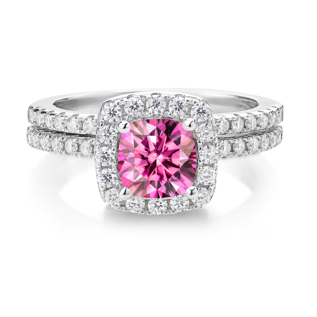 925 Sterling Silver Ring Cushion Pink and White Moissanite (1.52 Cttw)
