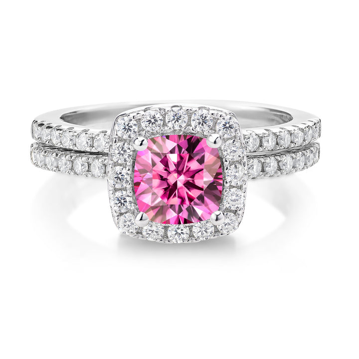 925 Sterling Silver Ring Cushion Pink and White Moissanite (1.52 Cttw)
