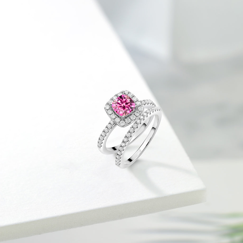 925 Sterling Silver Ring Cushion Pink and White Moissanite (1.52 Cttw)