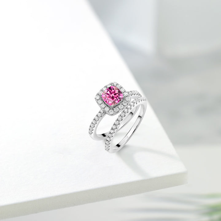 925 Sterling Silver Ring Cushion Pink and White Moissanite (1.52 Cttw)