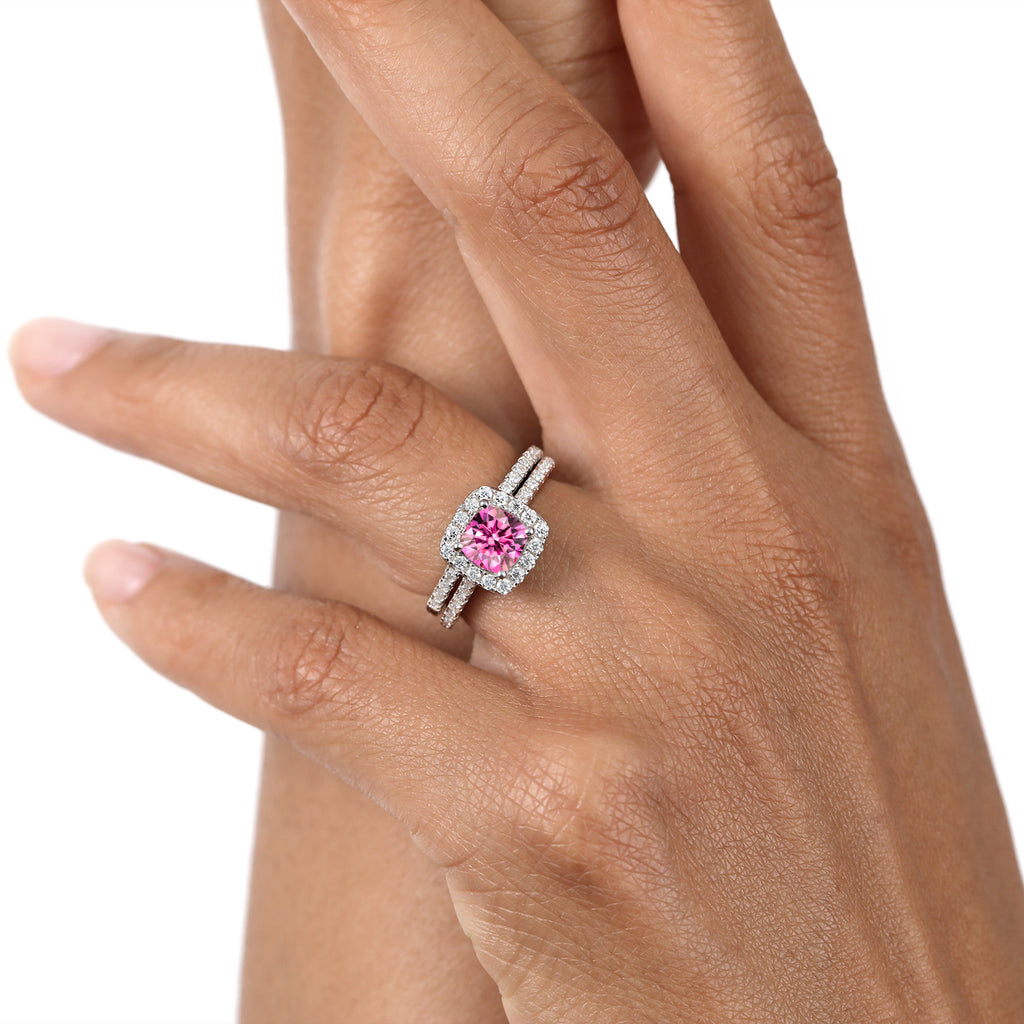 925 Sterling Silver Ring Cushion Pink and White Moissanite (1.52 Cttw)