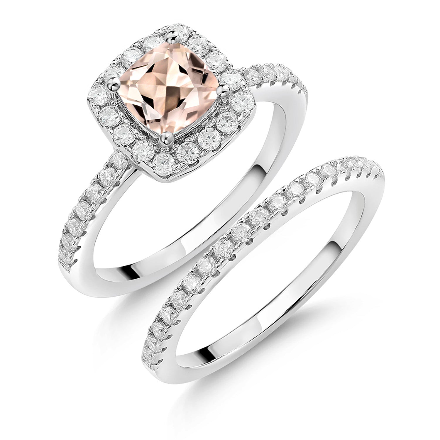 925 Sterling Silver Cushion Peach Morganite and Moissanite Wedding Engagement Ring Band Bridal Set For Women (1.34 Cttw, Gemstone Birthstone, Available In Size 5, 6, 7, 8, 9)