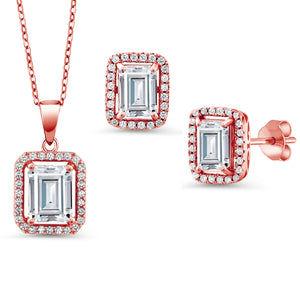 White Moissanite - April_Rose Gold Plated Silver_Pendant Earrings Set in Rose Gold Plated Silver