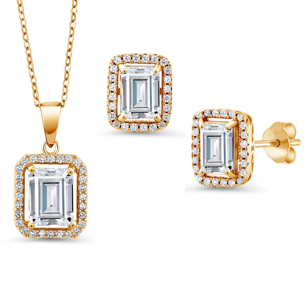 White Moissanite - April_Yellow Gold Plated Silver_Pendant Earrings Set in Yellow Gold Plated Silver