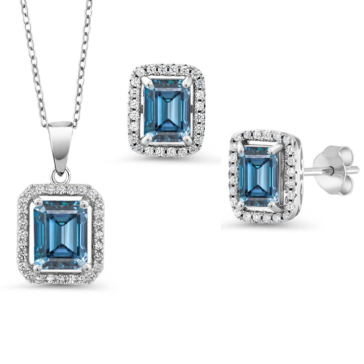 Persian Blue Moissanite - April_Sterling Silver_Pendant Earrings Set in Sterling Silver