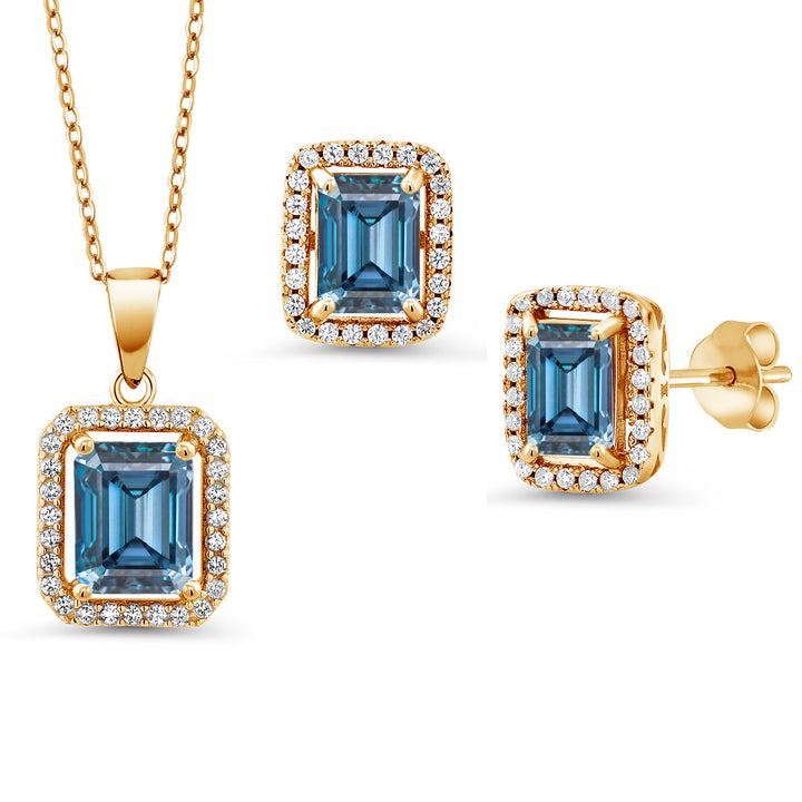 Persian Blue Moissanite - April_Yellow Gold Plated Silver_Pendant Earrings Set in Yellow Gold Plated Silver