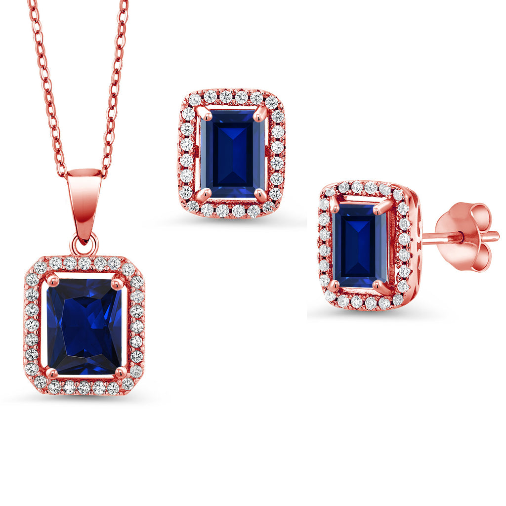Blue Created Sapphire - September_Rose Gold Plated Silver_Pendant Earrings Set in Rose Gold Plated Silver