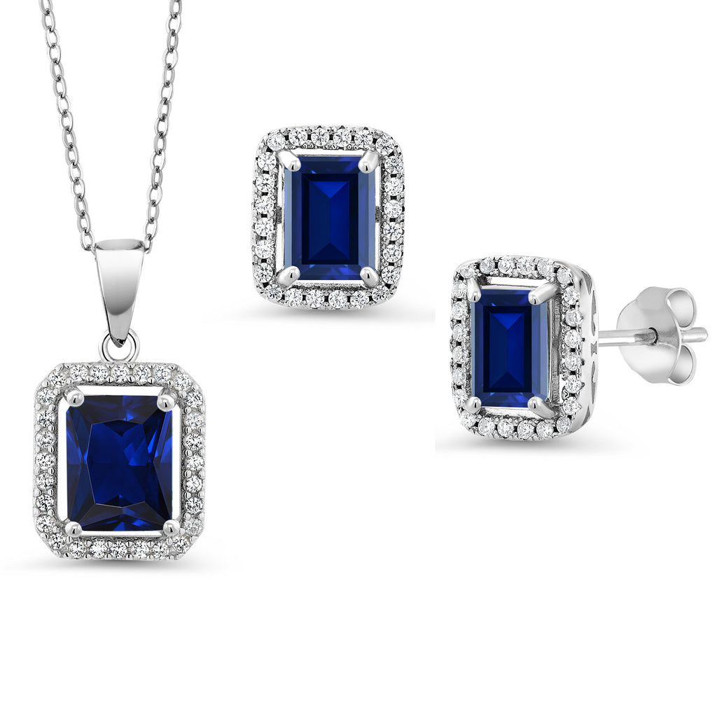 Blue Created Sapphire - September_Sterling Silver_Pendant Earrings Set in Sterling Silver