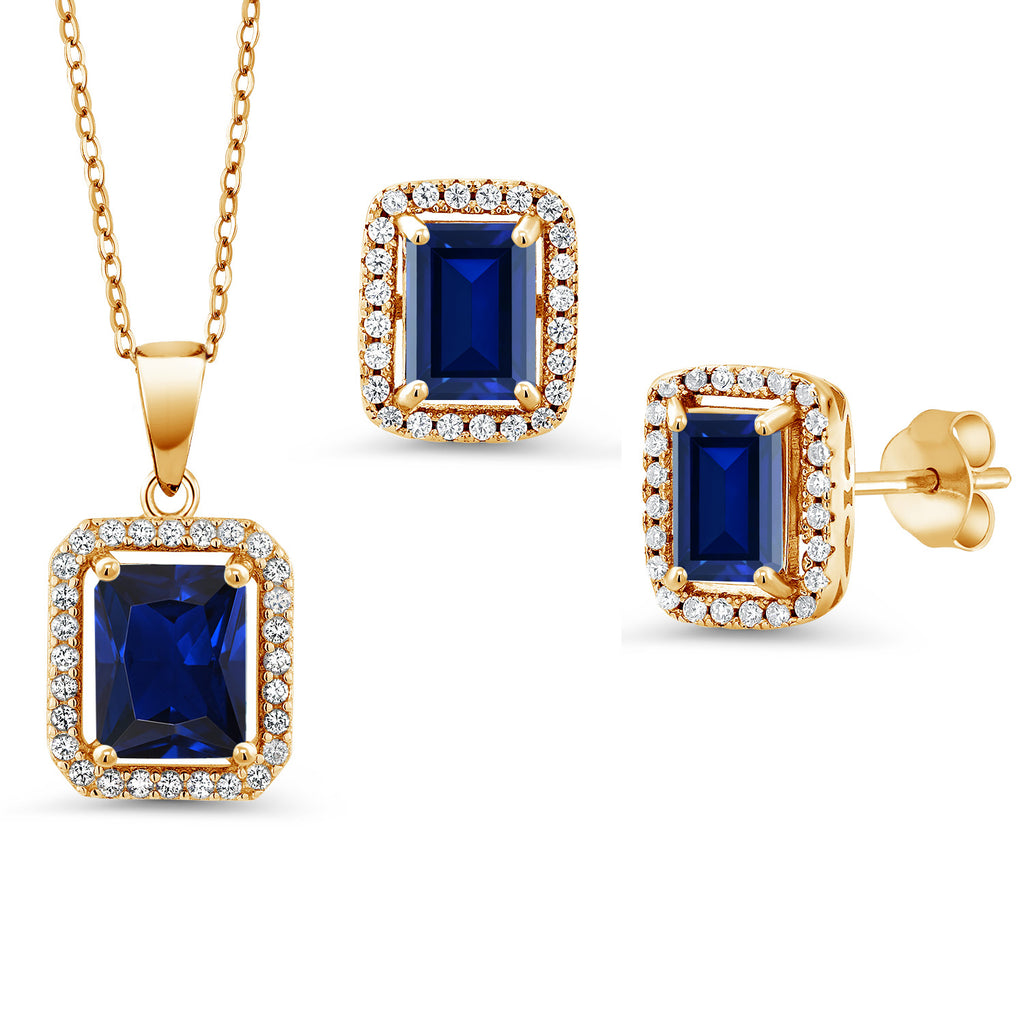 Blue Created Sapphire - September_Yellow Gold Plated Silver_Pendant Earrings Set in Yellow Gold Plated Silver