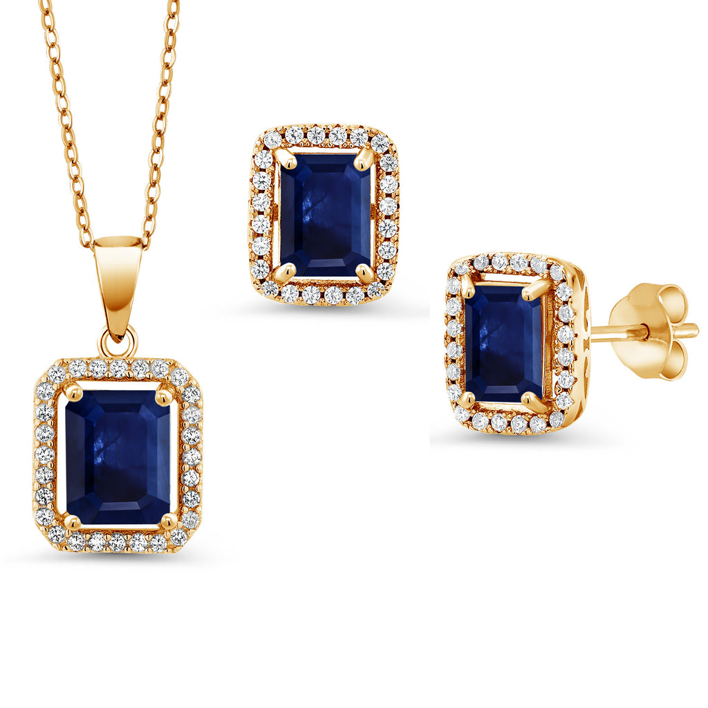 Blue Sapphire - September_Yellow Gold Plated Silver_Pendant Earrings Set in Yellow Gold Plated Silver