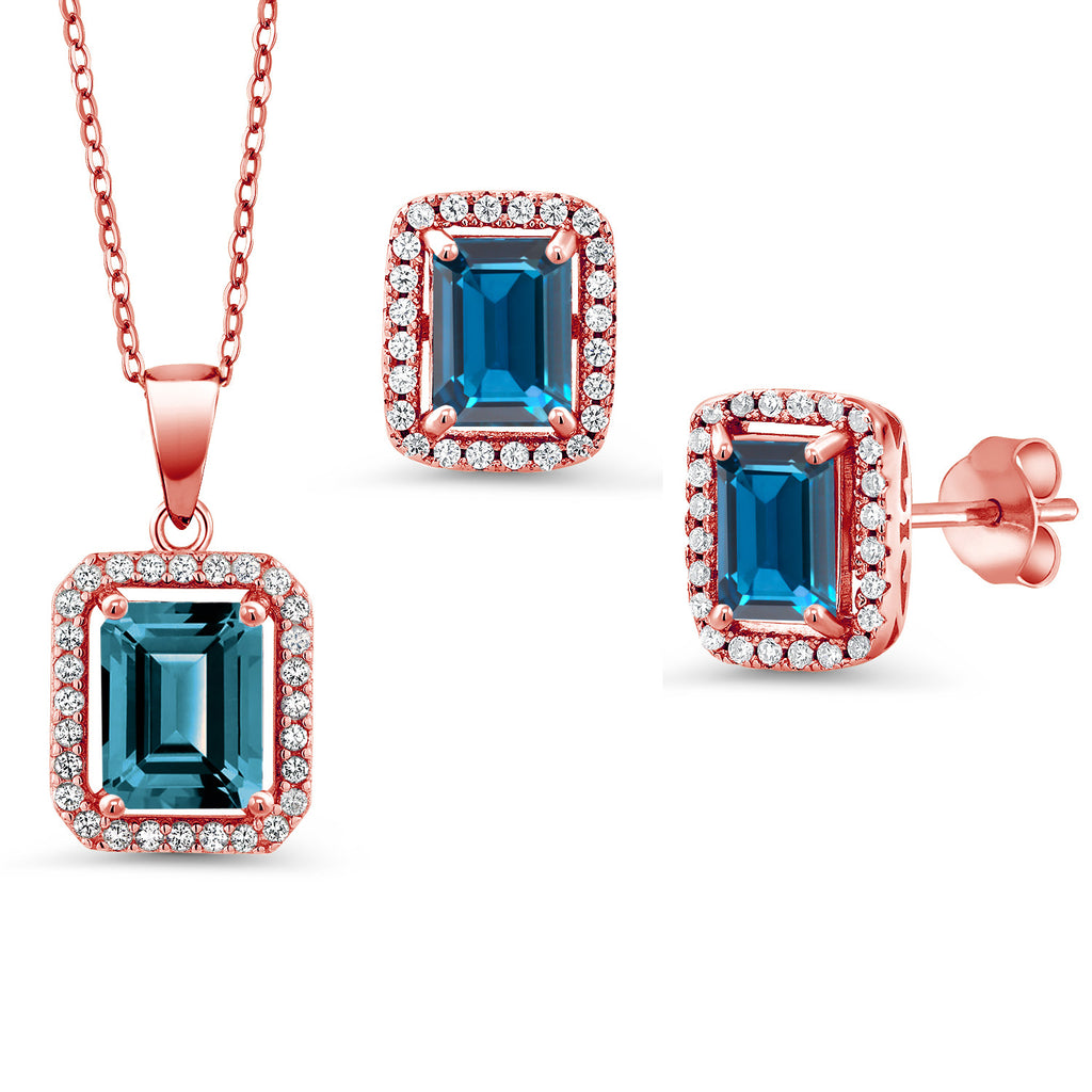 London Blue Topaz - November_Rose Gold Plated Silver_Pendant Earrings Set in Rose Gold Plated Silver
