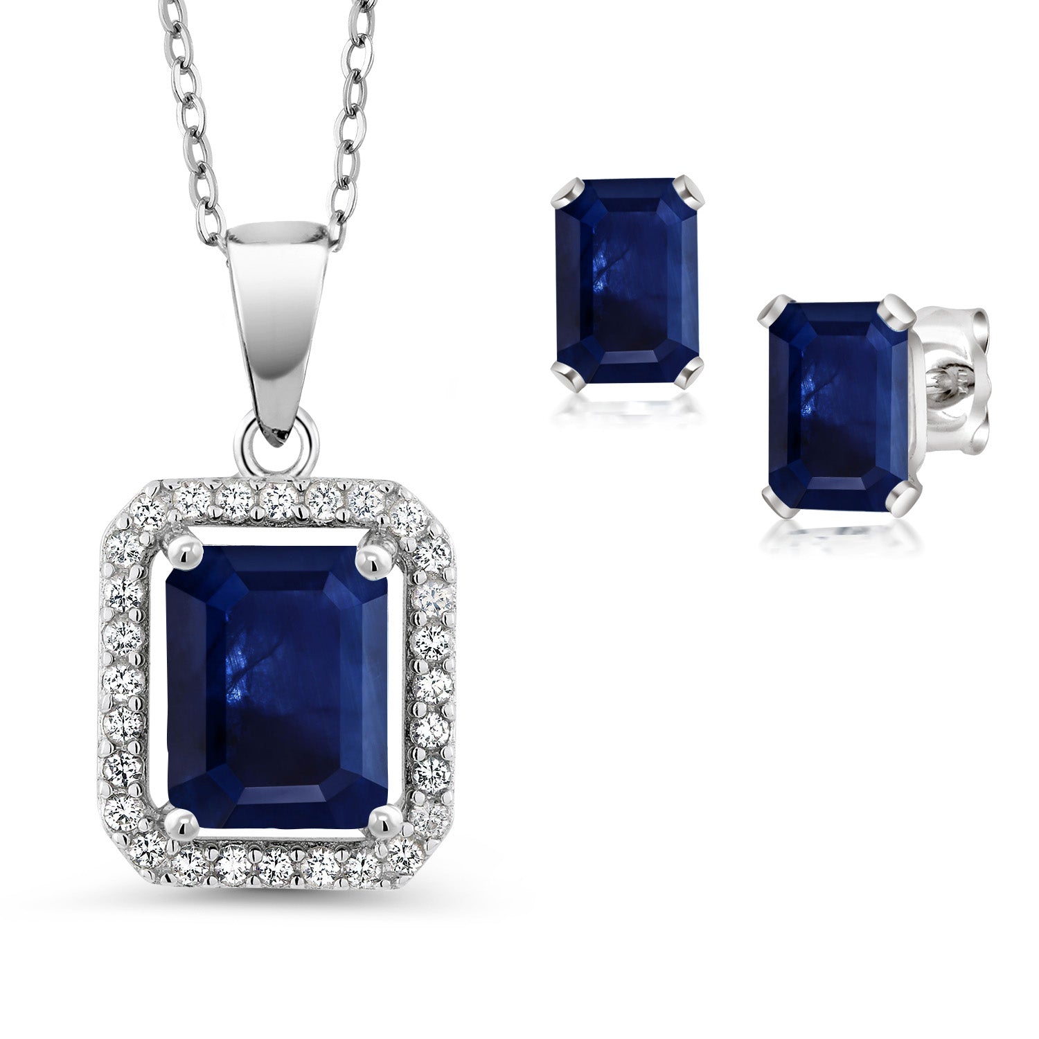 925 Sterling Silver Blue Sapphire Pendant and Earrings Jewelry Set For Women (4.04 Cttw, Emerald Cut 9X7MM and 6X4MM, Gemstone September Birthstone, with 18 Inch Chain)