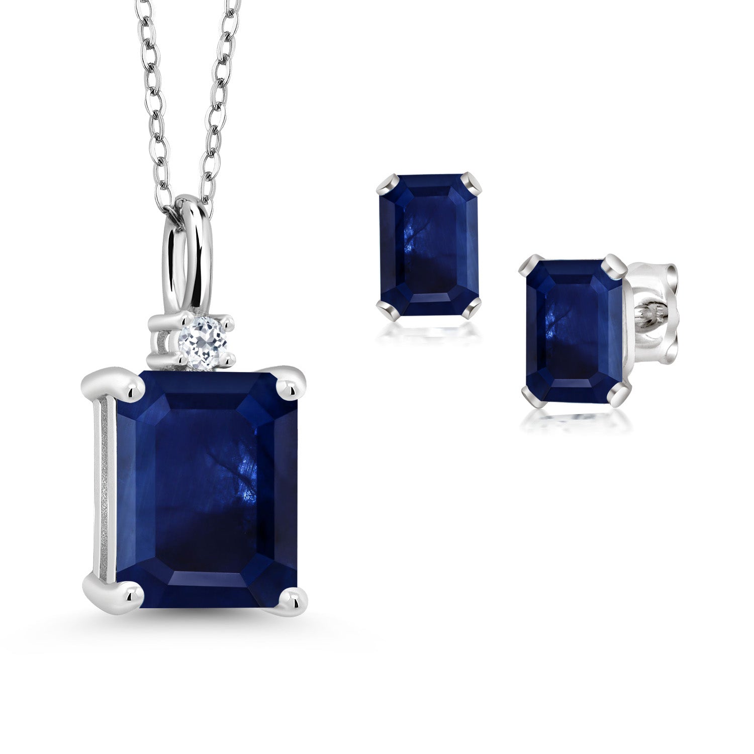 925 Sterling Silver Blue Sapphire and White Topaz Pendant and Earrings Jewelry Set For Women (4.72 Cttw, Emerald Cut 10X8MM and 6X4MM, with 18 Inch Chain)