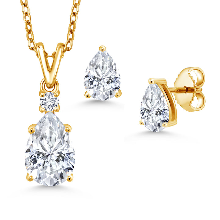 18K Yellow Gold Plated Silver White Moissanite and White Lab Grown Diamond Pendant and Earrings Jewelry Set For Women (3.38 Cttw, Gemstone Birthstone, Pear Shape 10X7MM and 7X5MM, with 18 Inch Chain)