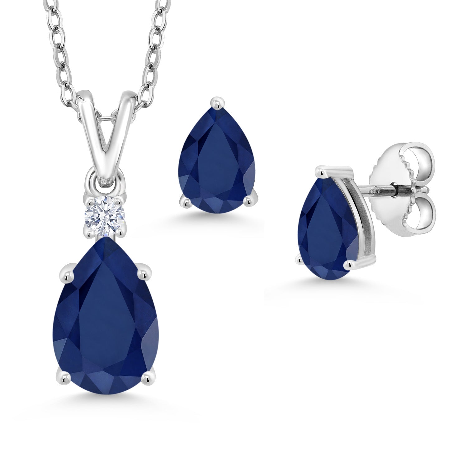 925 Sterling Silver Blue Sapphire Pendant and Earrings Jewelry Set For Women (3.99 Cttw, Gemstone September Birthstone, Pear Shape 10X7MM and 7X5MM, with 18 Inch Chain)