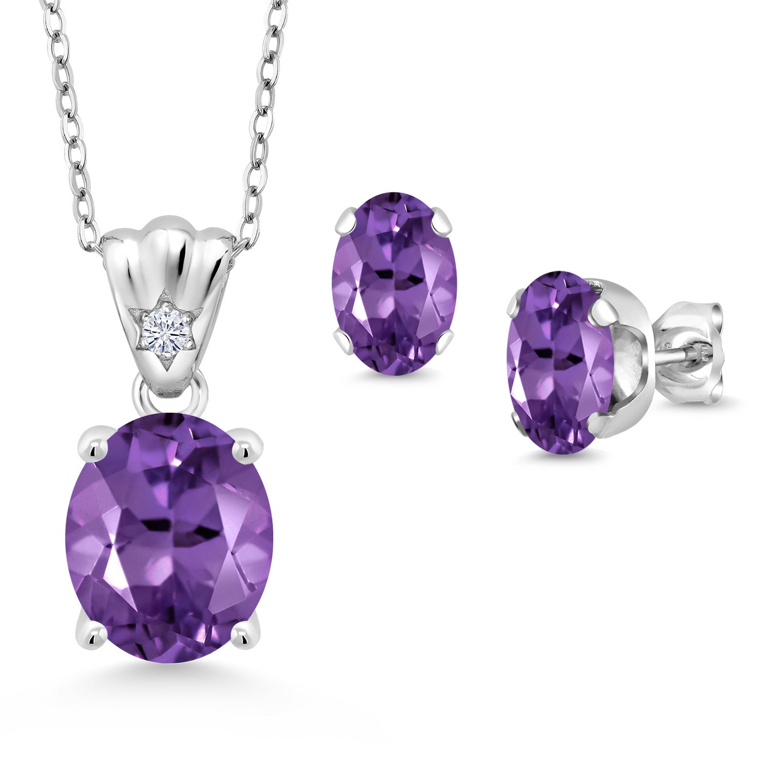 925 Sterling Silver Purple Amethyst and White Moissanite Pendant and Earrings Jewelry Set For Women (5.54 Cttw, Gemstone Birthstone, Oval 11X9MM and 8X6MM with 18 Inch Silver Chain)