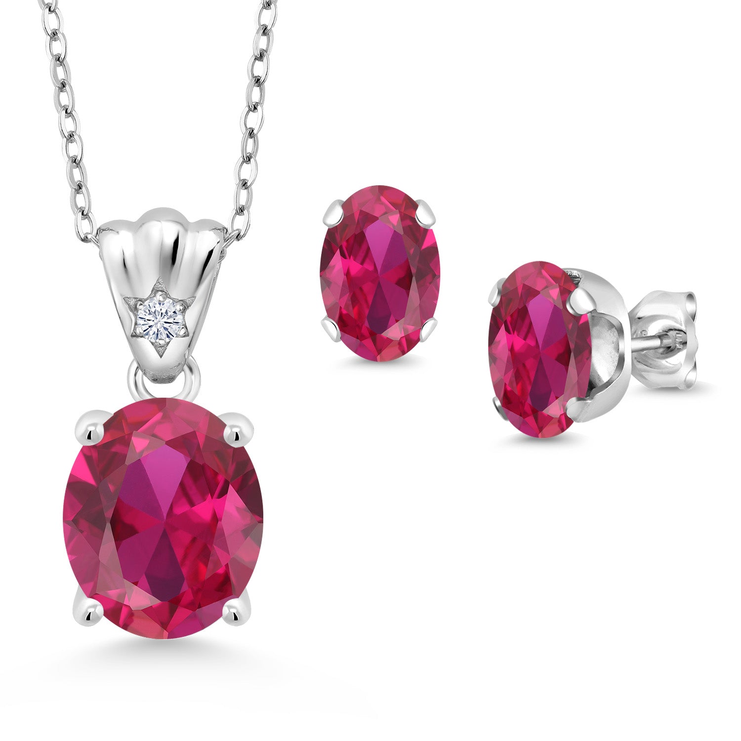 925 Sterling Silver Red Created Ruby and White Lab Grown Diamond Pendant and Earrings Jewelry Set For Women (6.74 Cttw, Gemstone Birthstone, Oval 11X9MM and 8X6MM with 18 Inch Silver Chain)