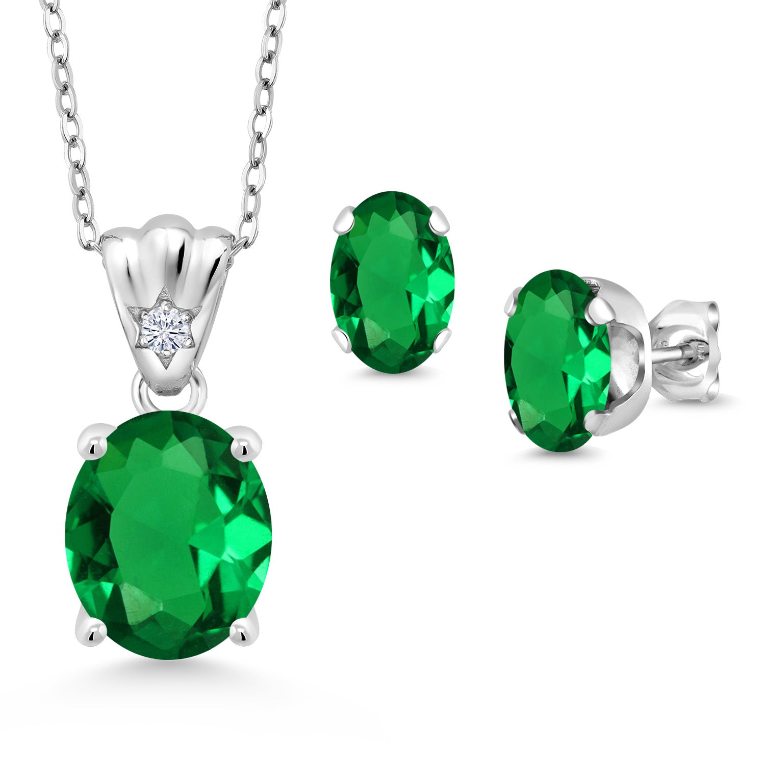 925 Sterling Silver Green Nano Emerald and White Lab Grown Diamond Pendant and Earrings Jewelry Set For Women (4.29 Cttw, Oval 11X9MM and 8X6MM with 18 Inch Silver Chain)