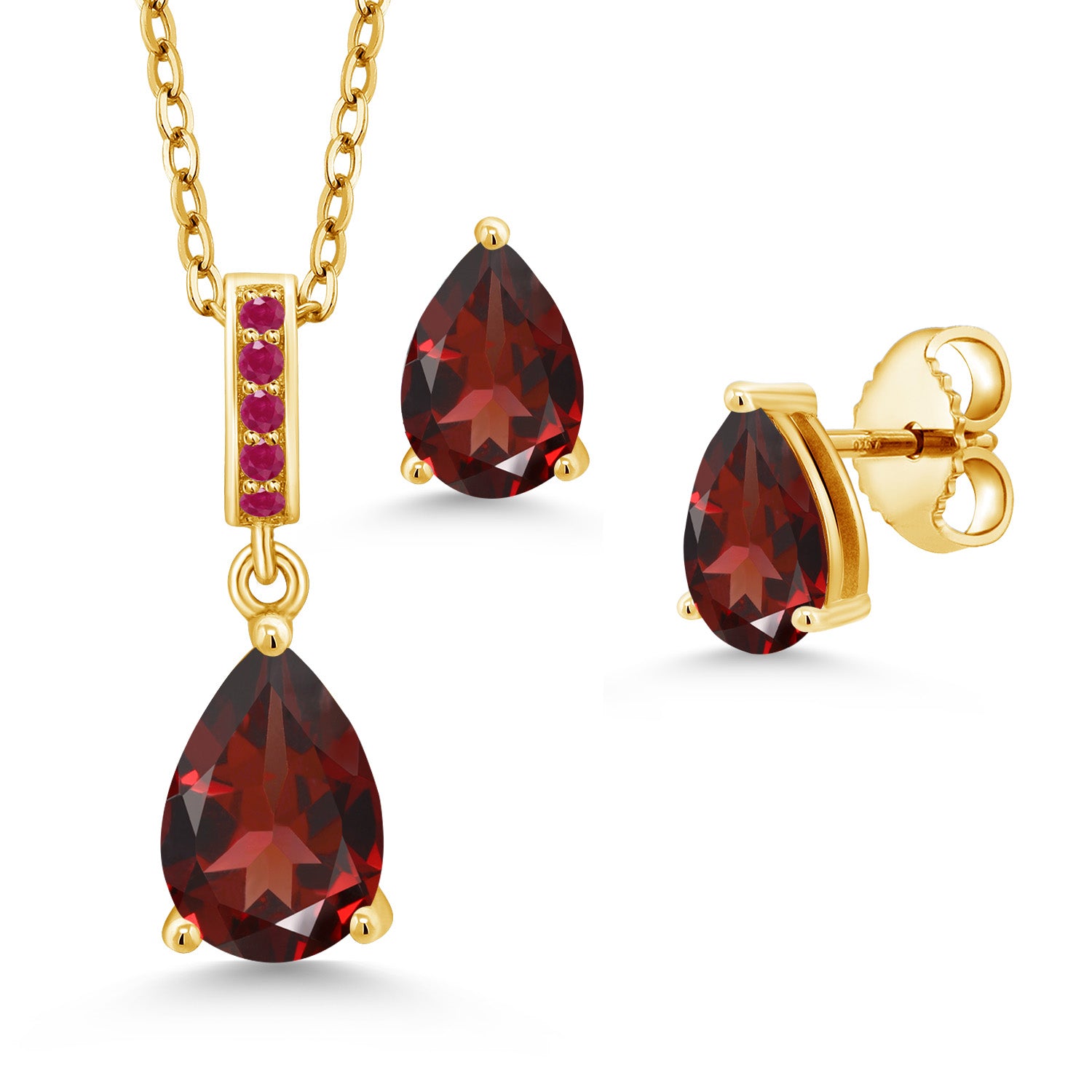 18K Yellow Gold Plated Silver Red Garnet and Red Ruby Pendant and Earrings Jewelry Set For Women (3.01 Cttw, Gemstone January Birthstone, with 18 Inch Chain)