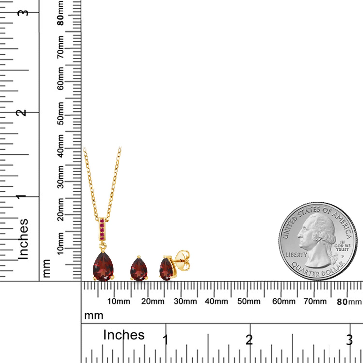 18K Yellow Gold Plated Silver Red Garnet and Red Ruby Pendant and Earrings Jewelry Set For Women (3.01 Cttw, Gemstone January Birthstone, with 18 Inch Chain)