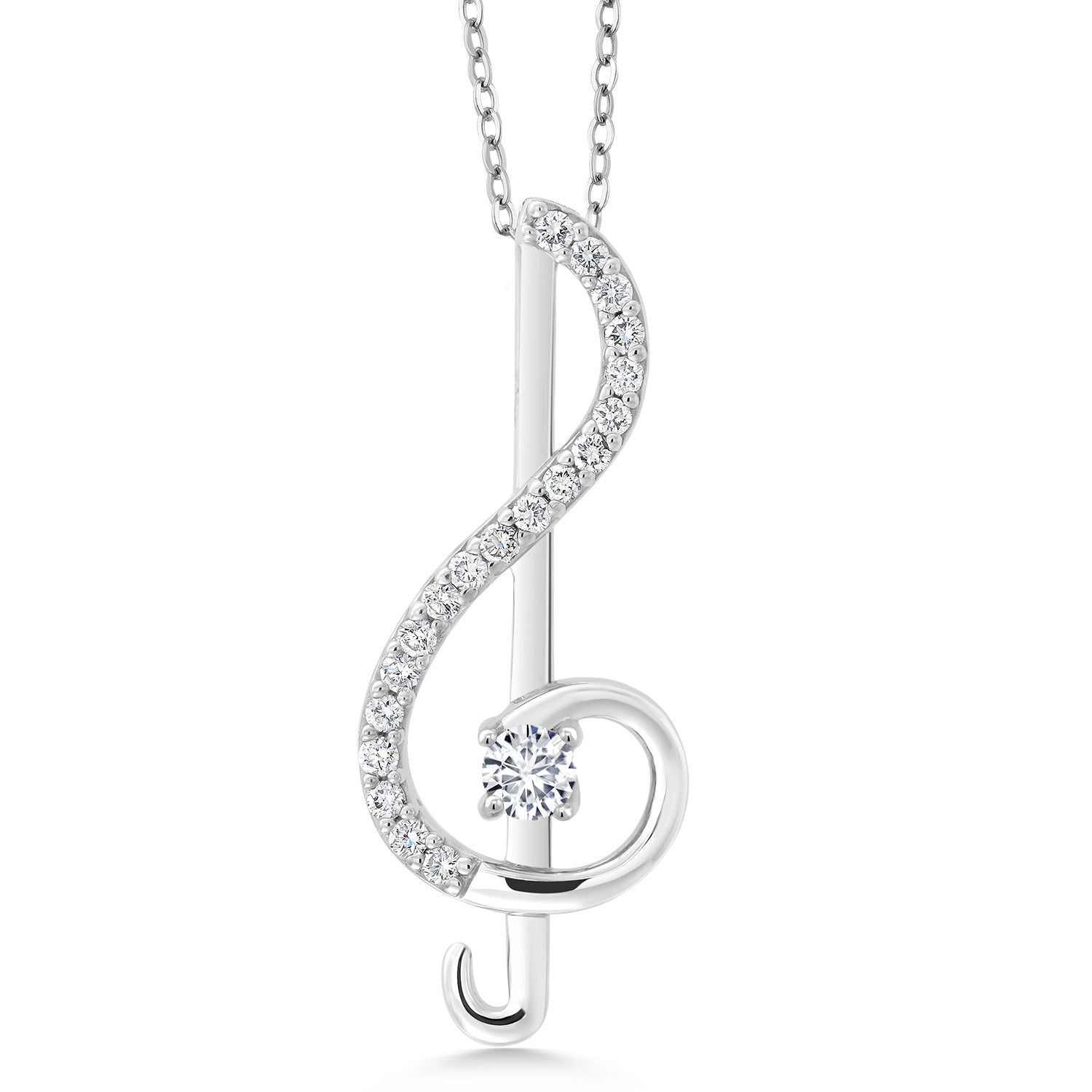 Keren Hanan Inspired by Music 925 Sterling Silver Round Lab Grown Diamond and White Moissanite Treble Clef Pendant Necklace For Women (0.29 Cttw, with 18 Inch Chain)