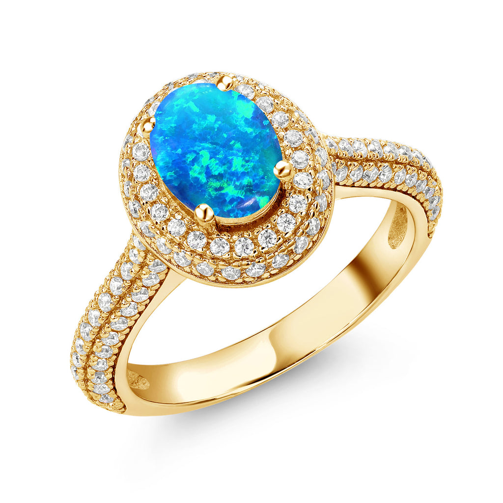Blue Simulated Opal - October_8_Ring in 925 Yellow Gold Plated Silver