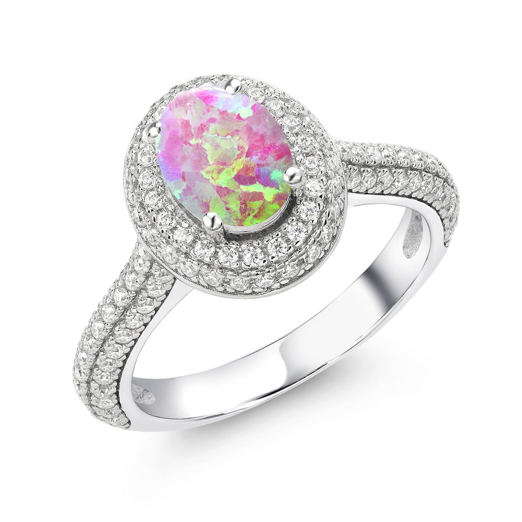 Pink Simulated Opal-Cabochon - October_5_Ring in 925 Sterling Silver