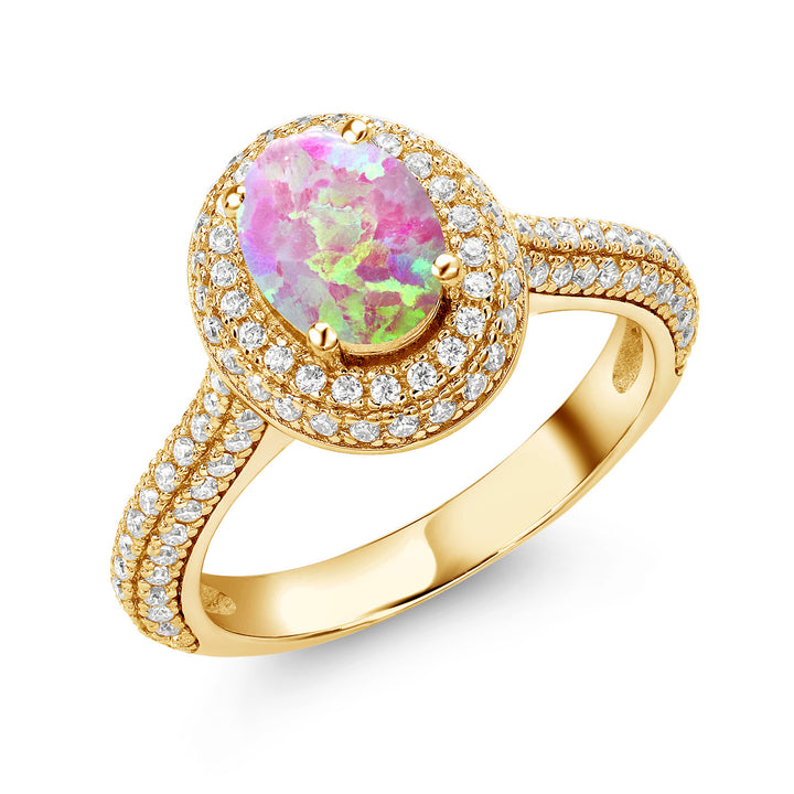 Pink Simulated Opal-Cabochon - October_5_Ring in 925 Yellow Gold Plated Silver