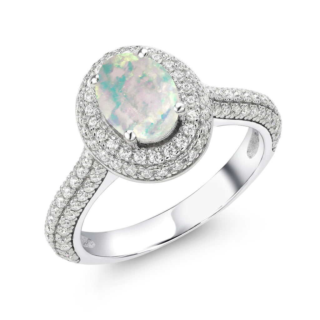 White Simulated Opal-Cabochon - October_7_Ring in 925 Sterling Silver