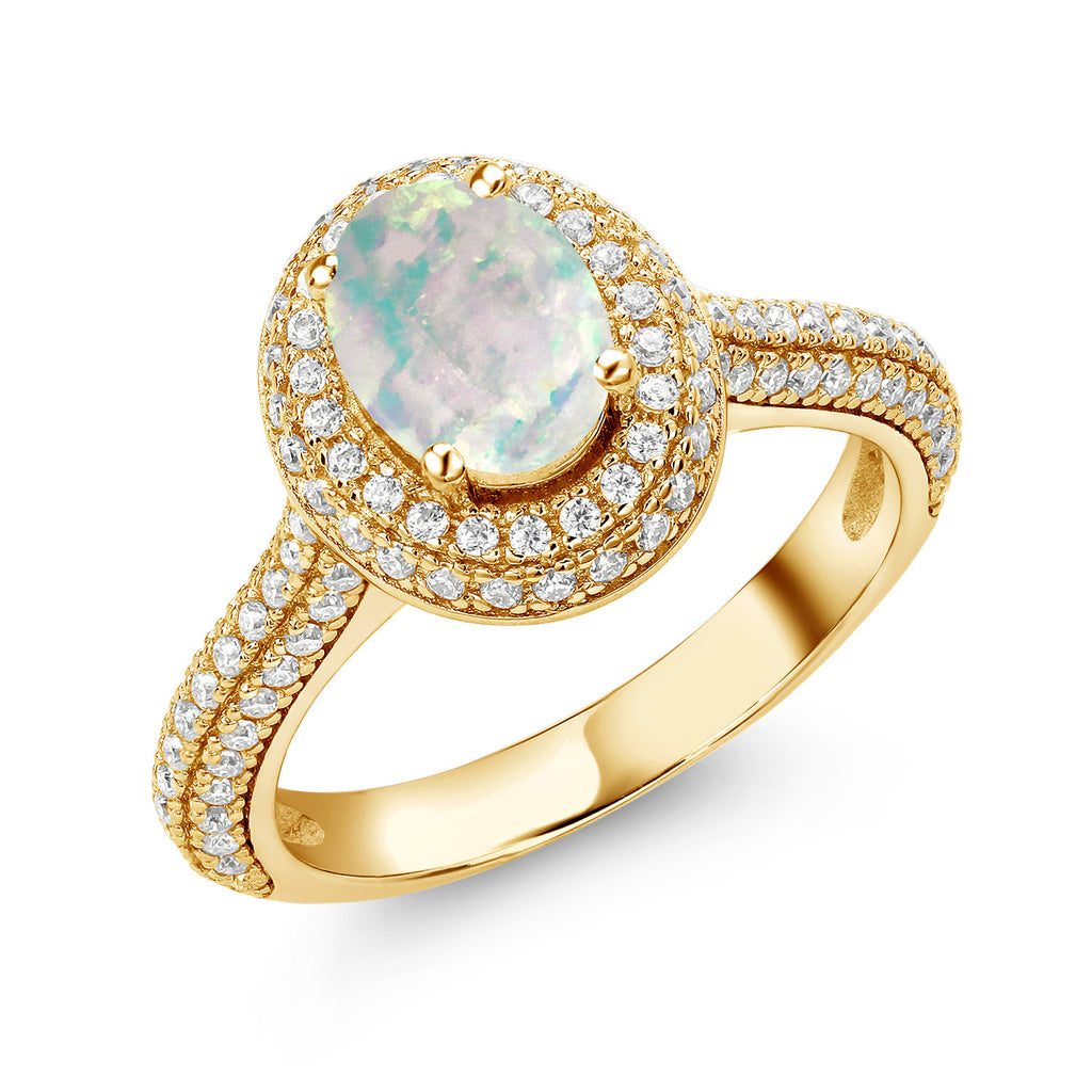 White Simulated Opal-Cabochon - October_6_Ring in 925 Yellow Gold Plated Silver