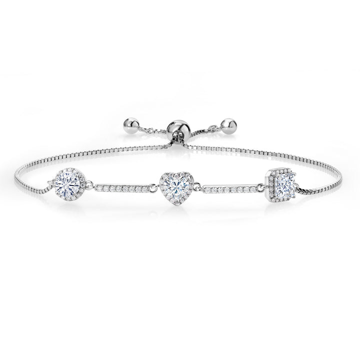 925 Sterling Silver White Moissanite Tennis Bracelet For Women By Keren Hanan (1.72 Cttw, Round 5MM, Heart 5MM and Princess 5MM, Fully Adjustable Up to 9 Inch)