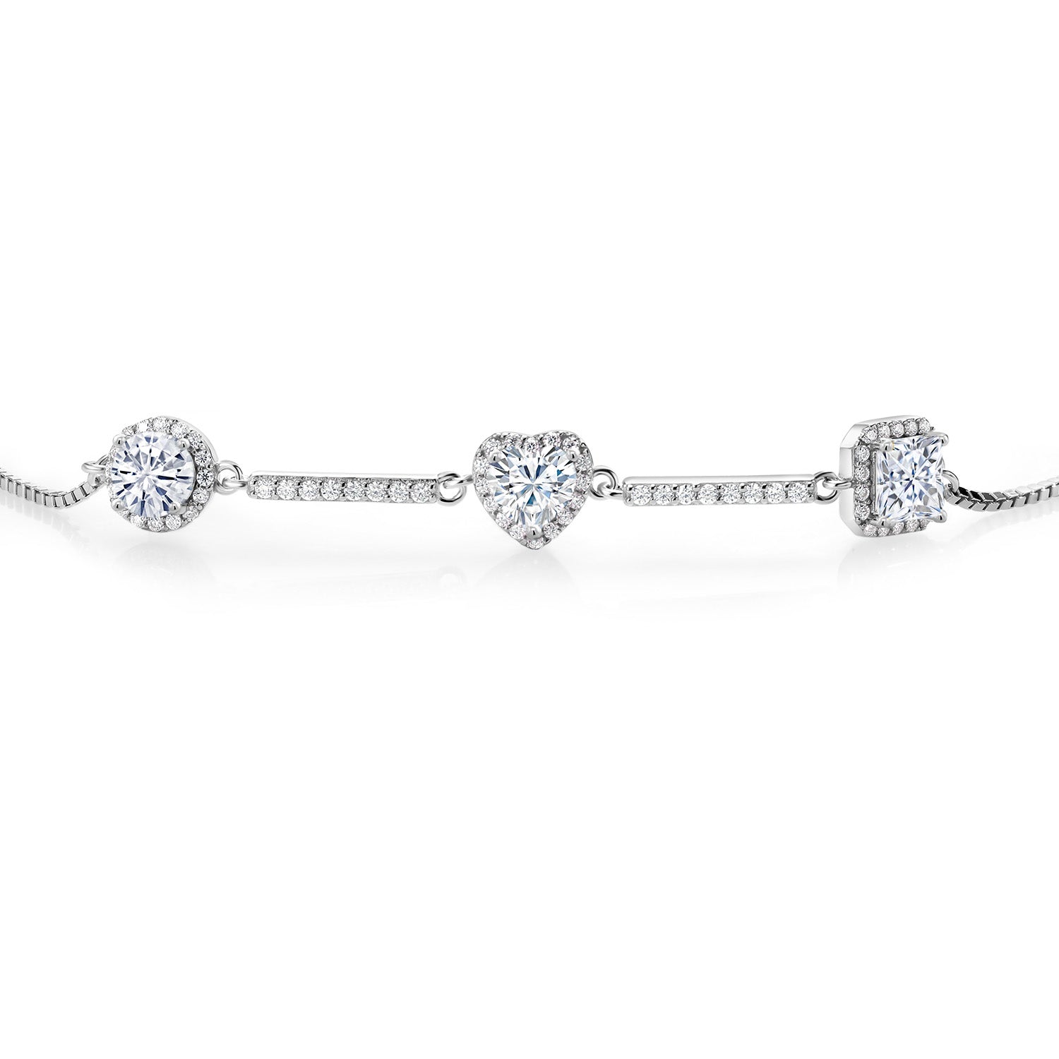 925 Sterling Silver White Moissanite Tennis Bracelet For Women By Keren Hanan (1.72 Cttw, Round 5MM, Heart 5MM and Princess 5MM, Fully Adjustable Up to 9 Inch)