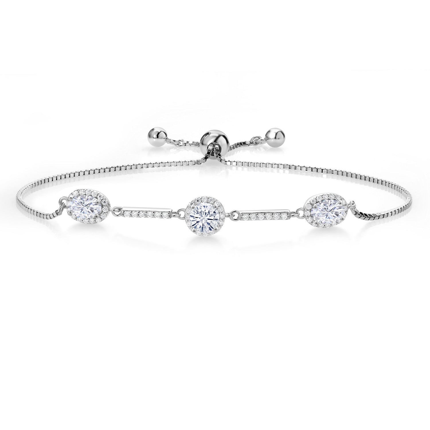 1.83 Cttw 6X4MM Oval and 5MM Round White Moissanite 3-Stone Tennis Bracelet For Women In 925 Sterling Silver By Keren Hanan | Fully Adjustable Up to 9 Inch