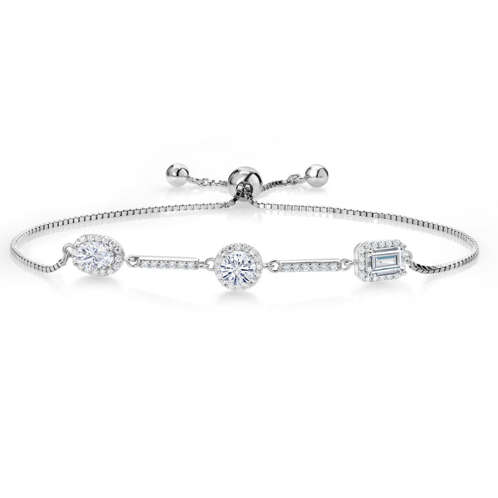 925 Sterling Silver Oval Round and Emerald Cut White Moissanite Tennis Bracelet For Women By Keren Hanan (1.57 Cttw, Fully Adjustable Up to 9 Inch)