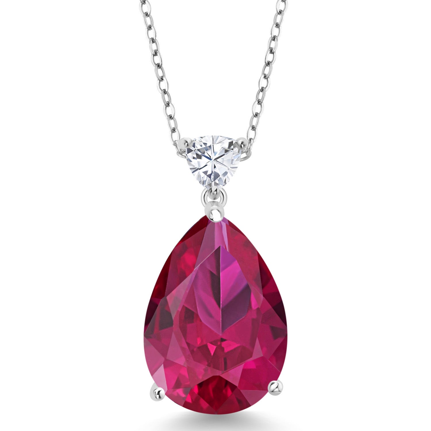 925 Sterling Silver Created Ruby and White Moissanite Pendant Necklace For Women (13.47 Cttw, Pear Shape 18X13MM, with 18 Inch Chain)