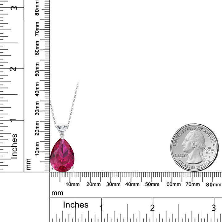 925 Sterling Silver Red Created Ruby Pendant Necklace For Women (13.77 Cttw, Pear Shape 18X13MM, with 18 Inch Chain)