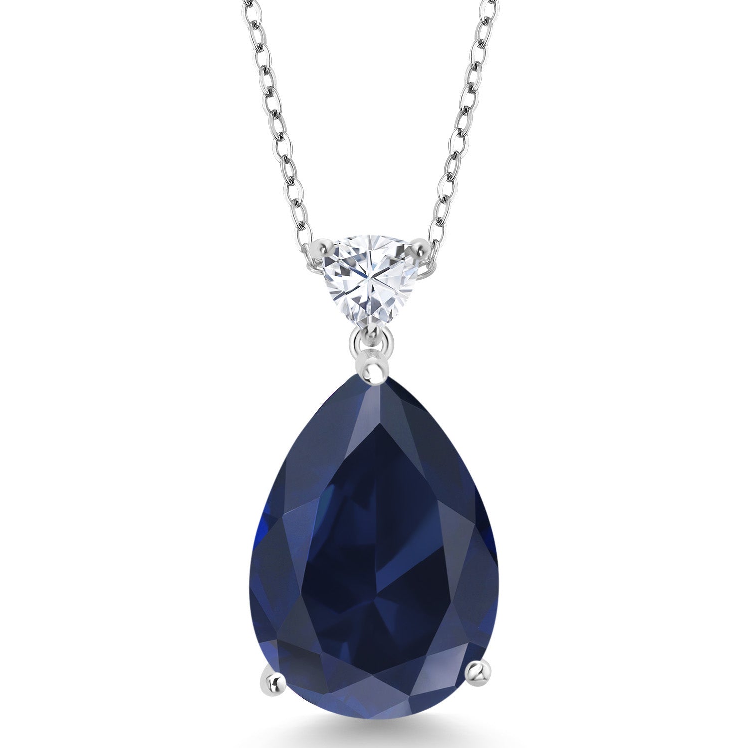 925 Sterling Silver Created Blue Sapphire and White Moissanite Teardrop Pendant Necklace For Women (13.10 Cttw, Pear Shape 18X13MM, With 18 Inch Chain)