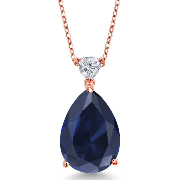 Blue Created Sapphire - September_Pendant in 925 Rose Gold Plated Silver