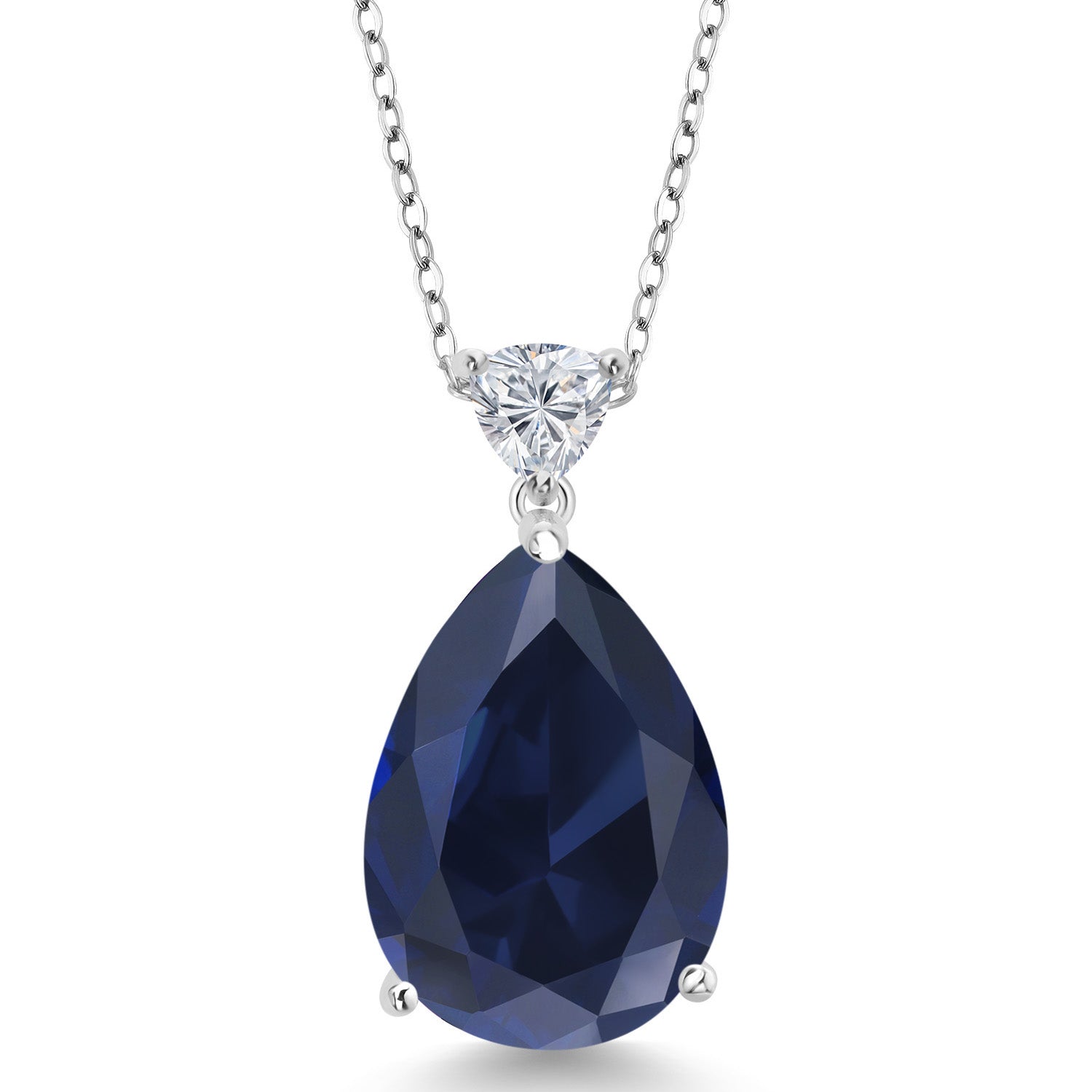 925 Sterling Silver Blue Created Sapphire and Lab Grown Diamond Pendant Necklace for Women | 13.00 Cttw | Gemstone September Birthstone | Pear Shape 18X13MM | With 18 Inch Chain