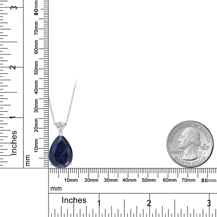 925 Sterling Silver Blue Created Sapphire and Lab Grown Diamond Pendant Necklace for Women | 13.00 Cttw | Gemstone September Birthstone | Pear Shape 18X13MM | With 18 Inch Chain